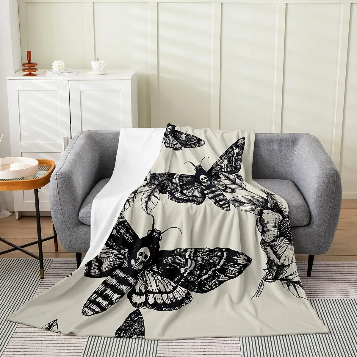 Death Moth Throw Blanket for Boys Girls Adult,Gothic Death Skull Flannel Blanket Lightweight Warm 40x50,Youth Bohemian Fleece Blanket Ultra Soft,Young Man Skeleton Bones Plush Blanket Bedroom Decor