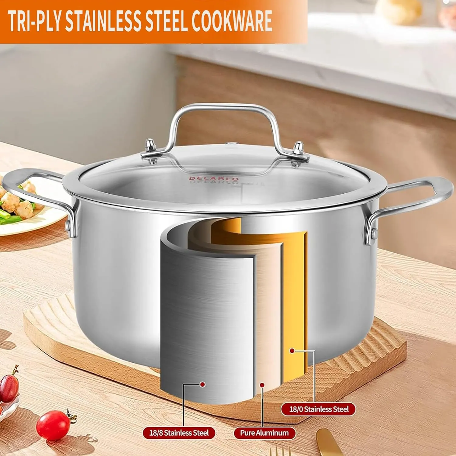 DELARLO Tri-Ply Stainless Steel Stock Pot, 5 Quart Pot with Lid, All Stoves Safe Up to 600℉, Saving Fuel 20%, Heavy Duty, Soup Pot with lid, Kitchen Essentials Stew Pot, Fast Even Heat