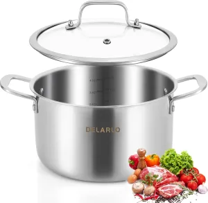 DELARLO Tri-Ply Stainless Steel Stock Pot, 5 Quart Pot with Lid, All Stoves Safe Up to 600℉, Saving Fuel 20%, Heavy Duty, Soup Pot with lid, Kitchen Essentials Stew Pot, Fast Even Heat