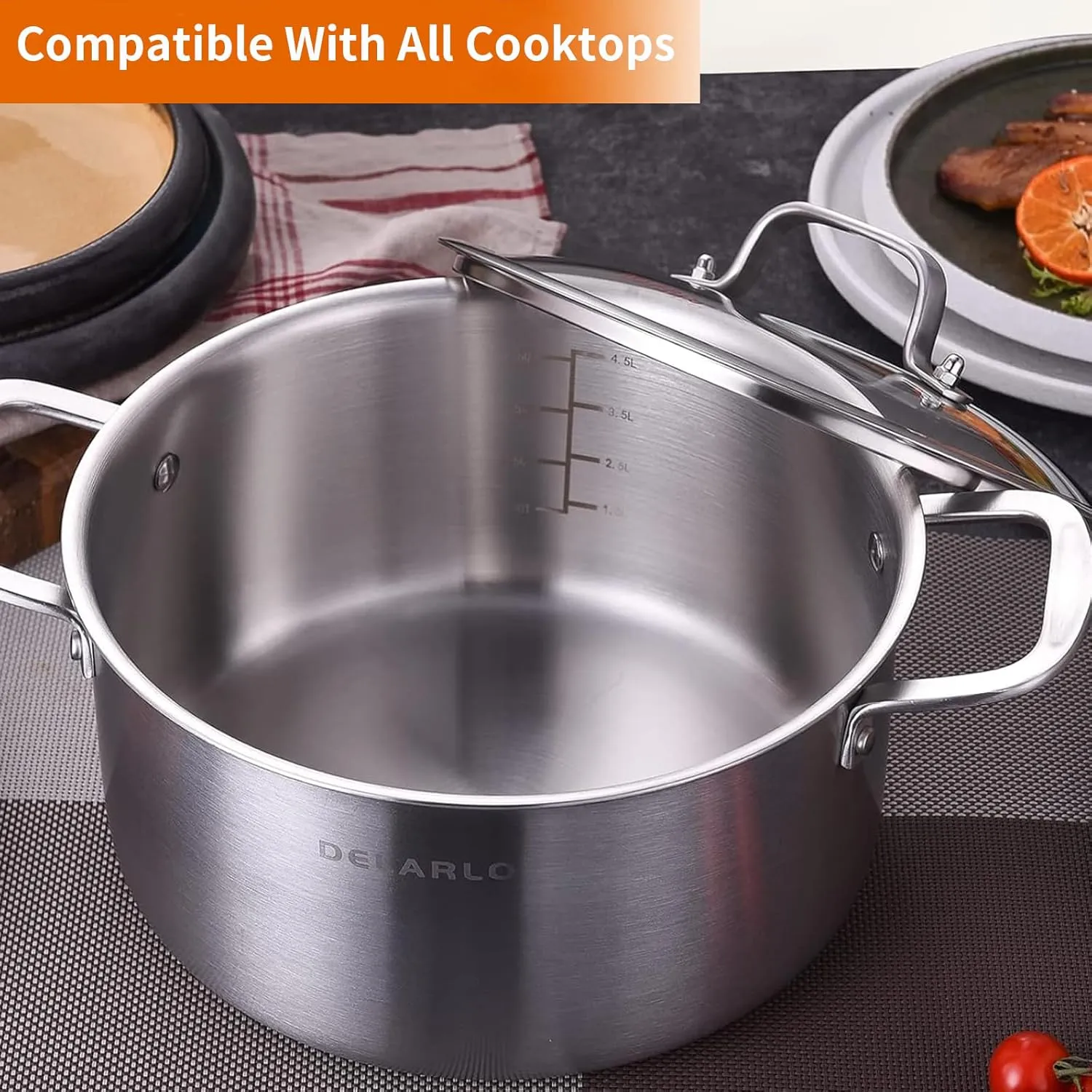 DELARLO Tri-Ply Stainless Steel Stock Pot, 5 Quart Pot with Lid, All Stoves Safe Up to 600℉, Saving Fuel 20%, Heavy Duty, Soup Pot with lid, Kitchen Essentials Stew Pot, Fast Even Heat