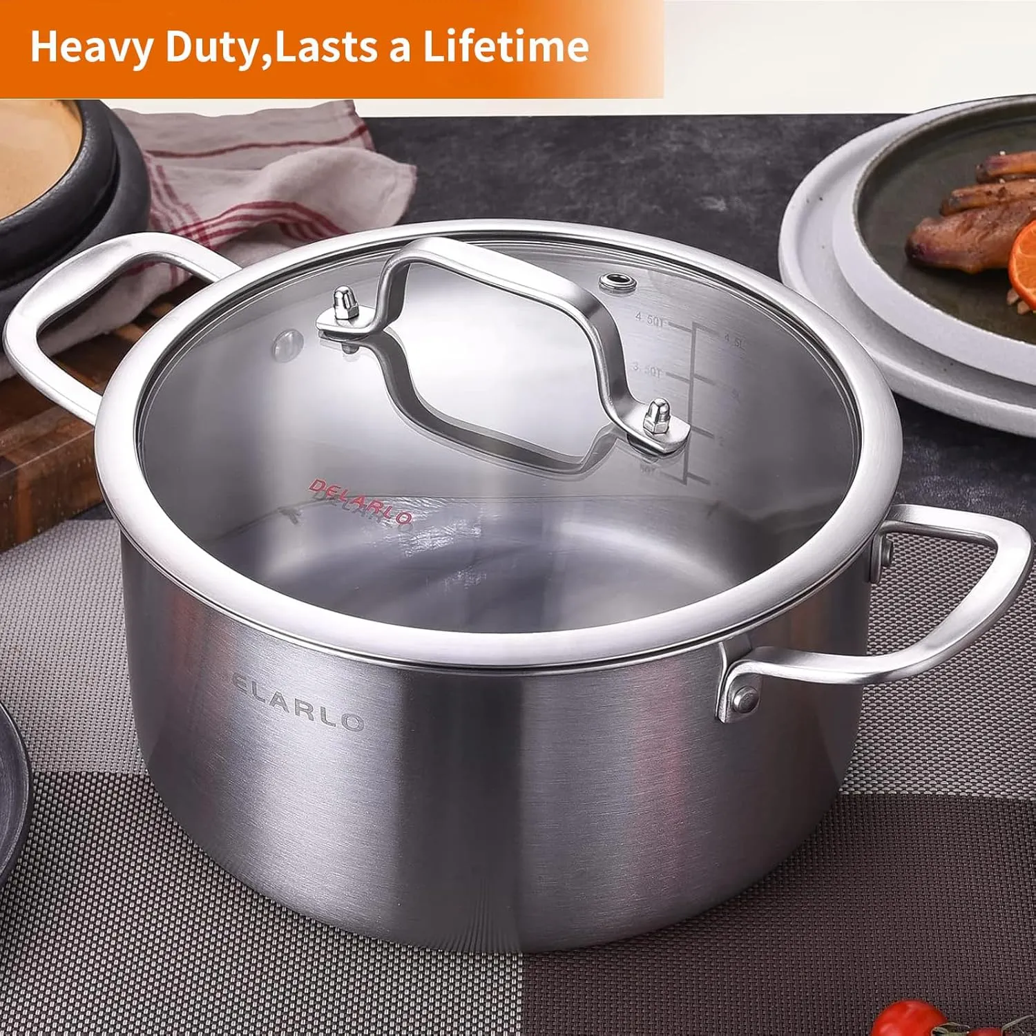 DELARLO Tri-Ply Stainless Steel Stock Pot, 5 Quart Pot with Lid, All Stoves Safe Up to 600℉, Saving Fuel 20%, Heavy Duty, Soup Pot with lid, Kitchen Essentials Stew Pot, Fast Even Heat
