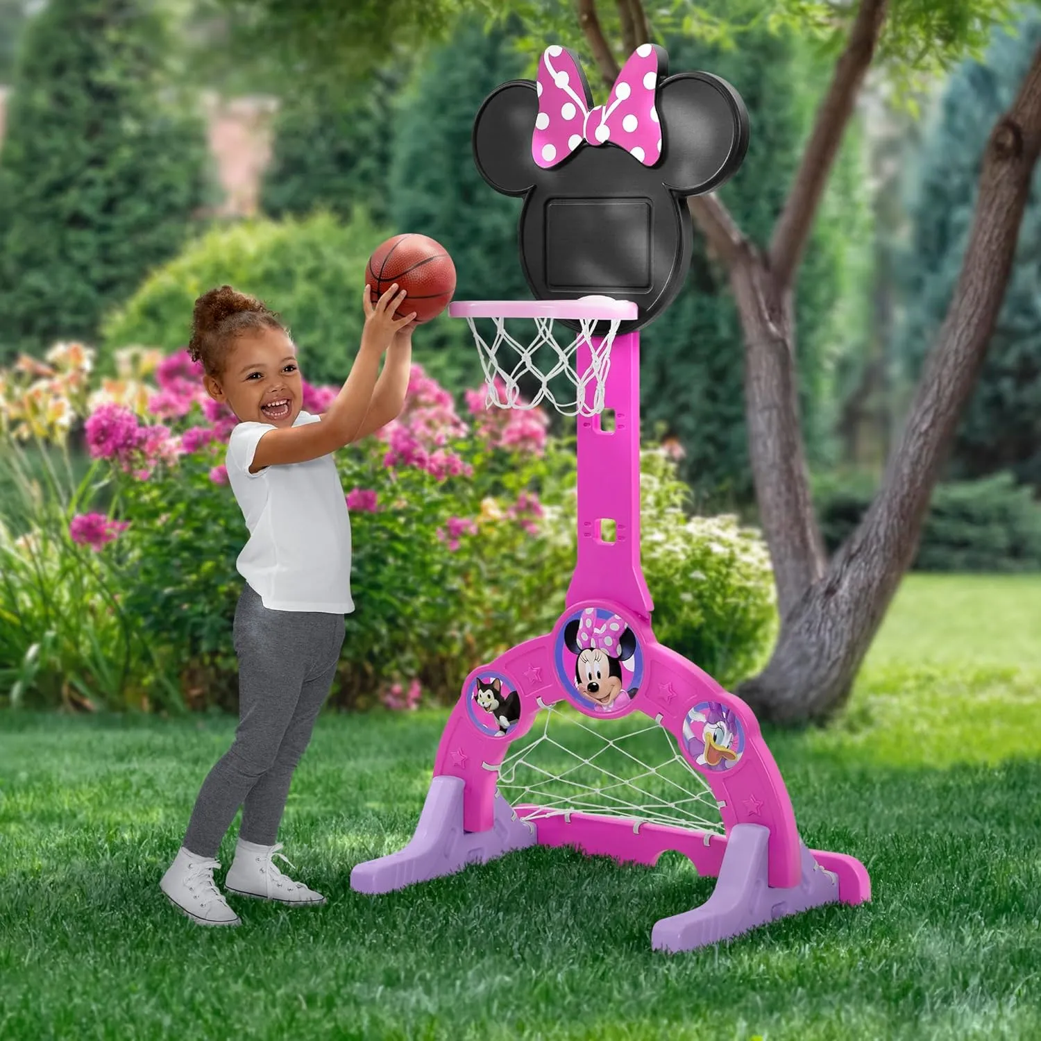 Delta Children Disney Minnie Mouse 4-in-1 Sports Center – Adjustable Easy Score Basketball Hoop, Soccer/Hockey Net and Golf Game, 4 Golf/Hockey Balls, Pink