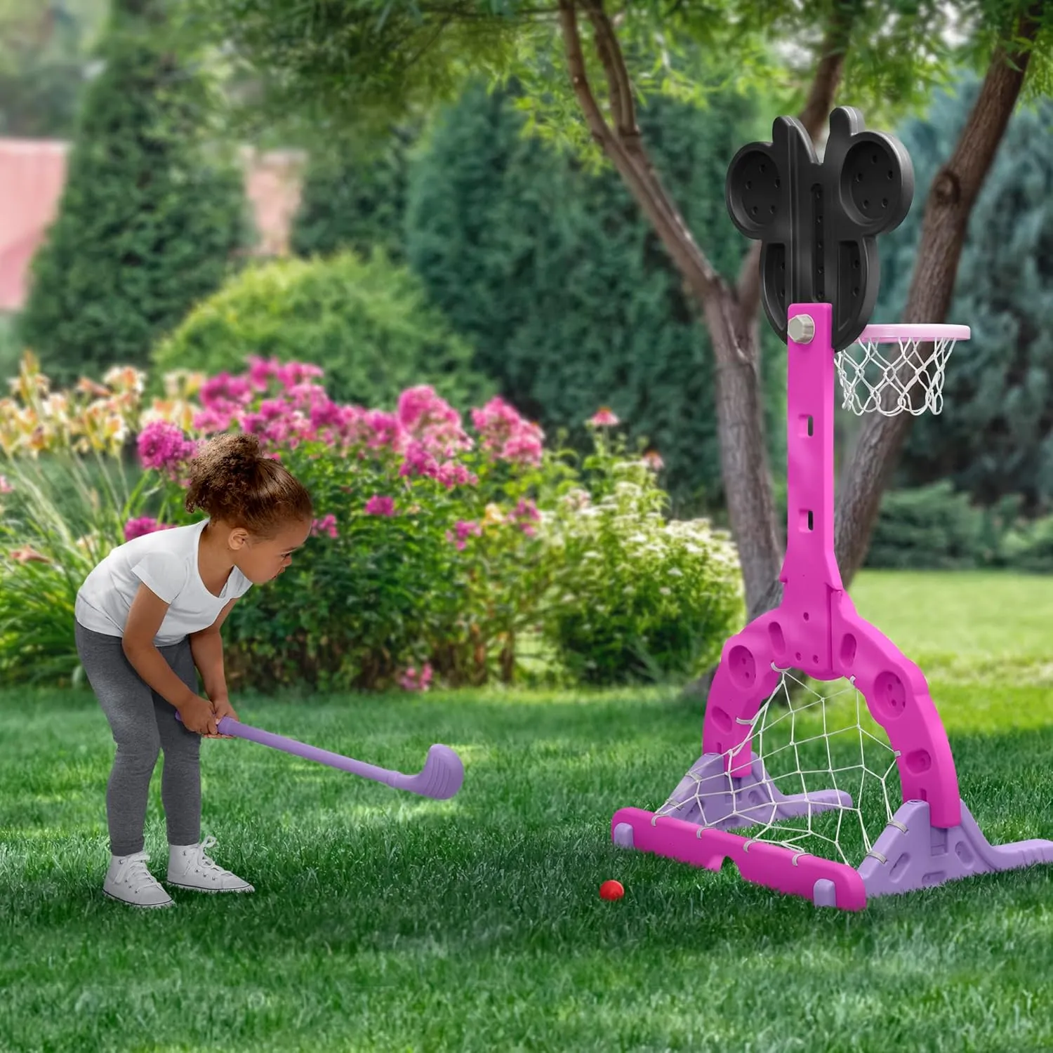 Delta Children Disney Minnie Mouse 4-in-1 Sports Center – Adjustable Easy Score Basketball Hoop, Soccer/Hockey Net and Golf Game, 4 Golf/Hockey Balls, Pink