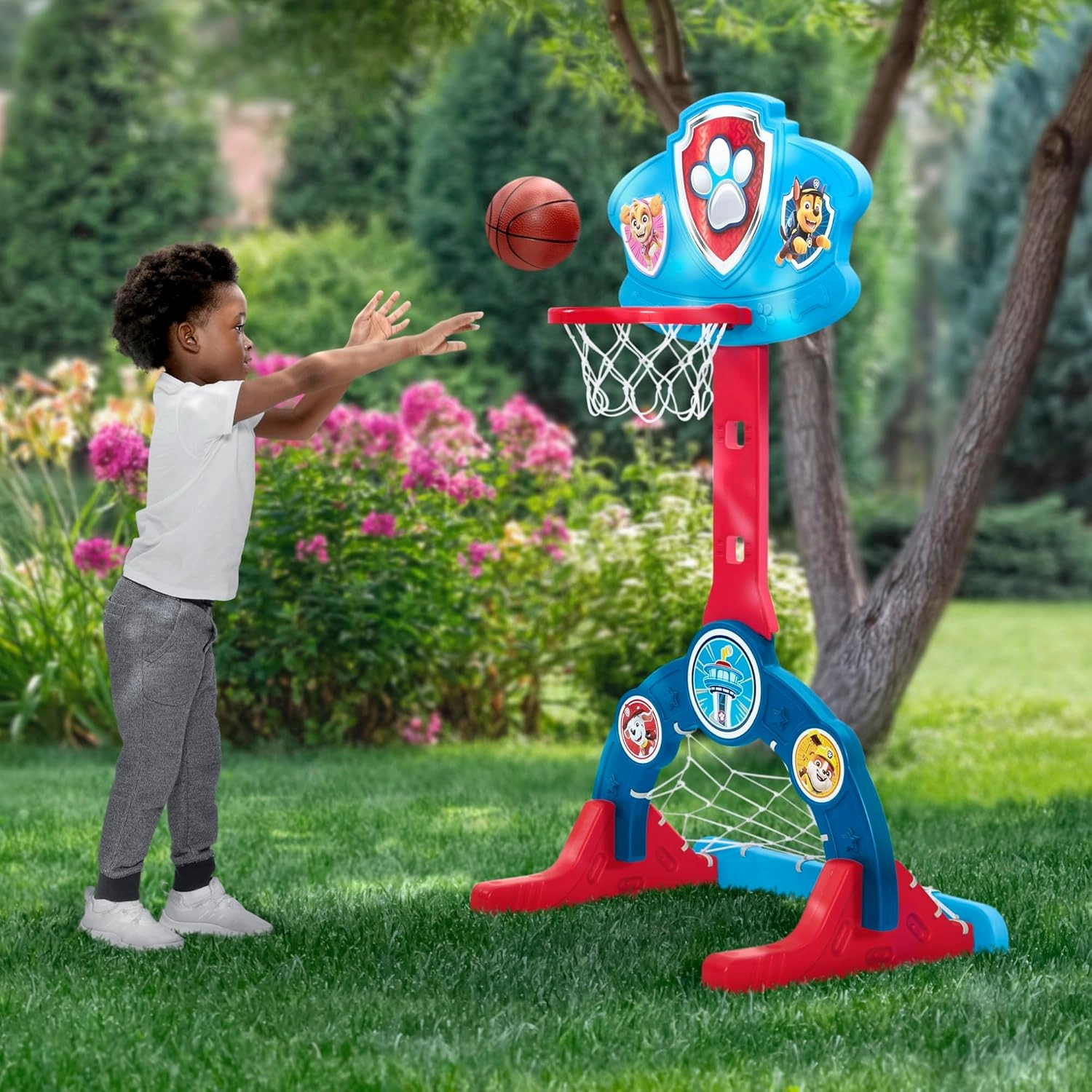 Delta Children PAW Patrol 4-in-1 Sports Center – Adjustable Easy Score Basketball Hoop, Soccer/Hockey Net and Golf Game, Blue