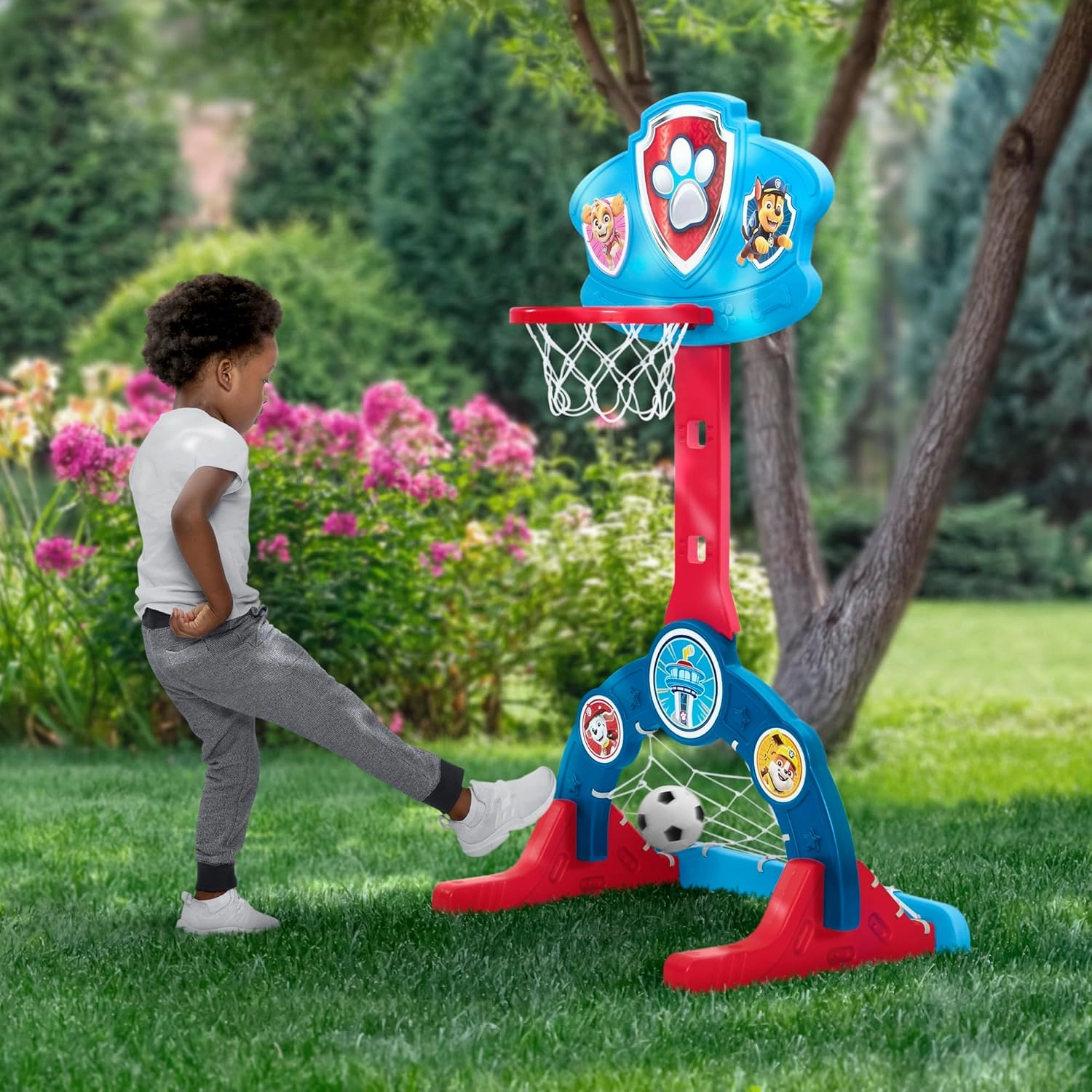 Delta Children PAW Patrol 4-in-1 Sports Center – Adjustable Easy Score Basketball Hoop, Soccer/Hockey Net and Golf Game, Blue
