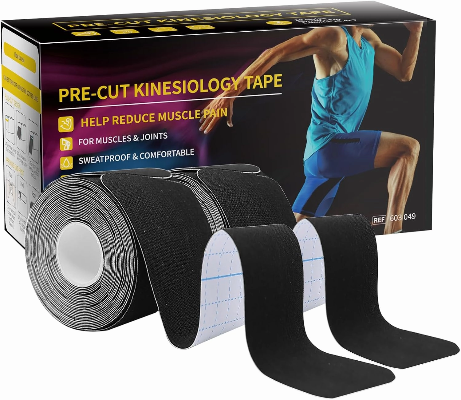 Dimora Kinesiology Tape, 40 Count Precut Strips 2 Rolls, Original Cotton, 10” Elastic Athletic Tape for Muscle Pain Relief and Joint Support, Black