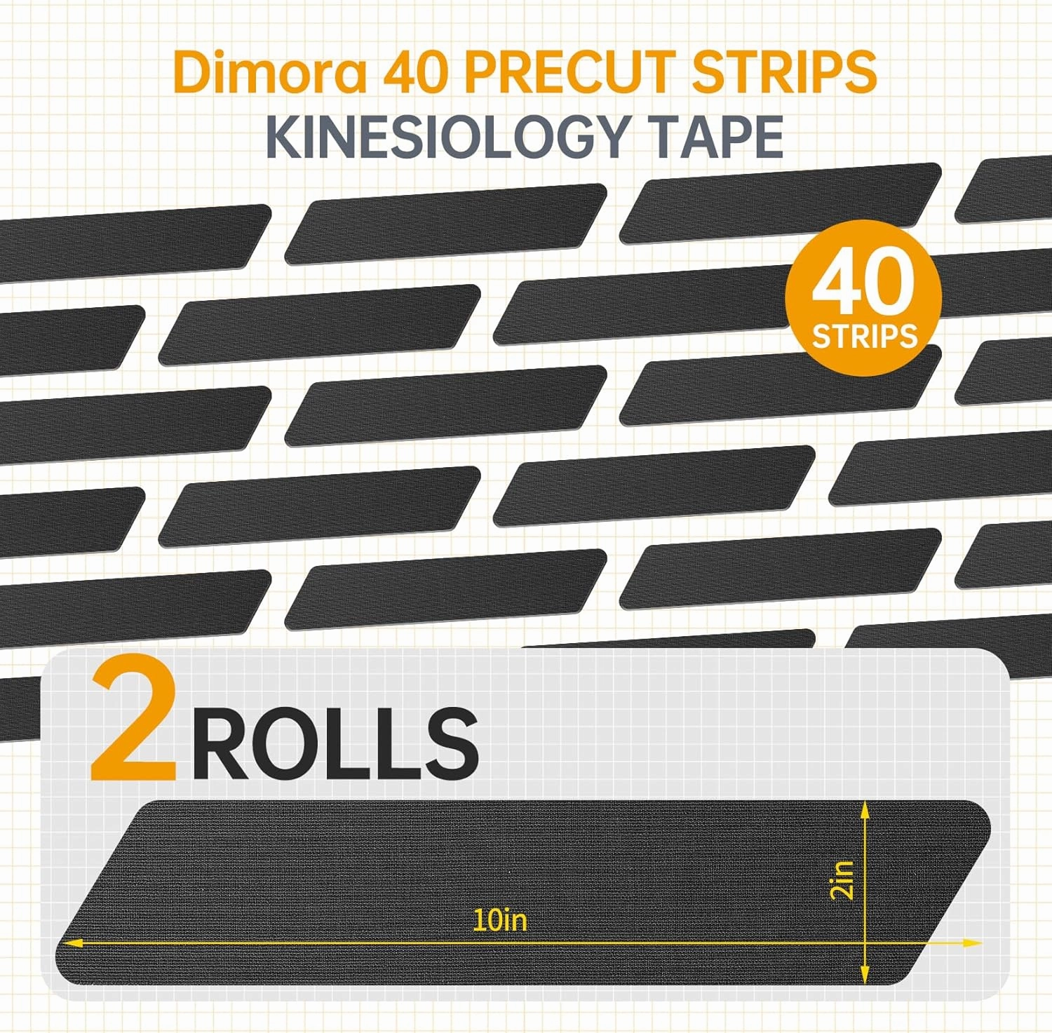 Dimora Kinesiology Tape, 40 Count Precut Strips 2 Rolls, Original Cotton, 10” Elastic Athletic Tape for Muscle Pain Relief and Joint Support, Black