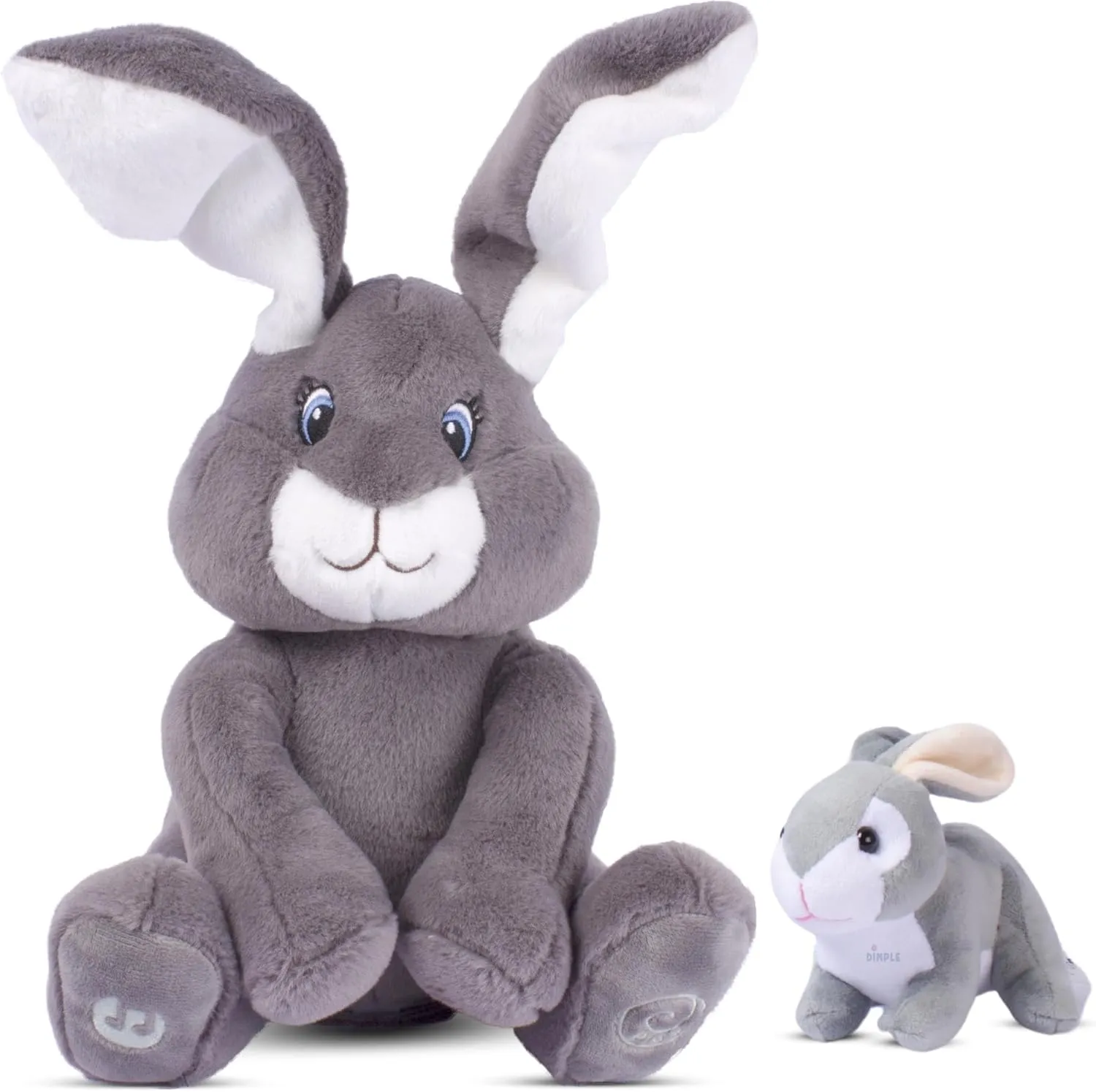 Dimple Bunny Set - Milo Stuffed Bunny Toy, Animated Interactive Rabbit with Peek-a-Boo Feature with Singing Songs and Grey Plush Baby Rabbit, Perfect Baby Plush Toy Gift for Ages 0 an Up