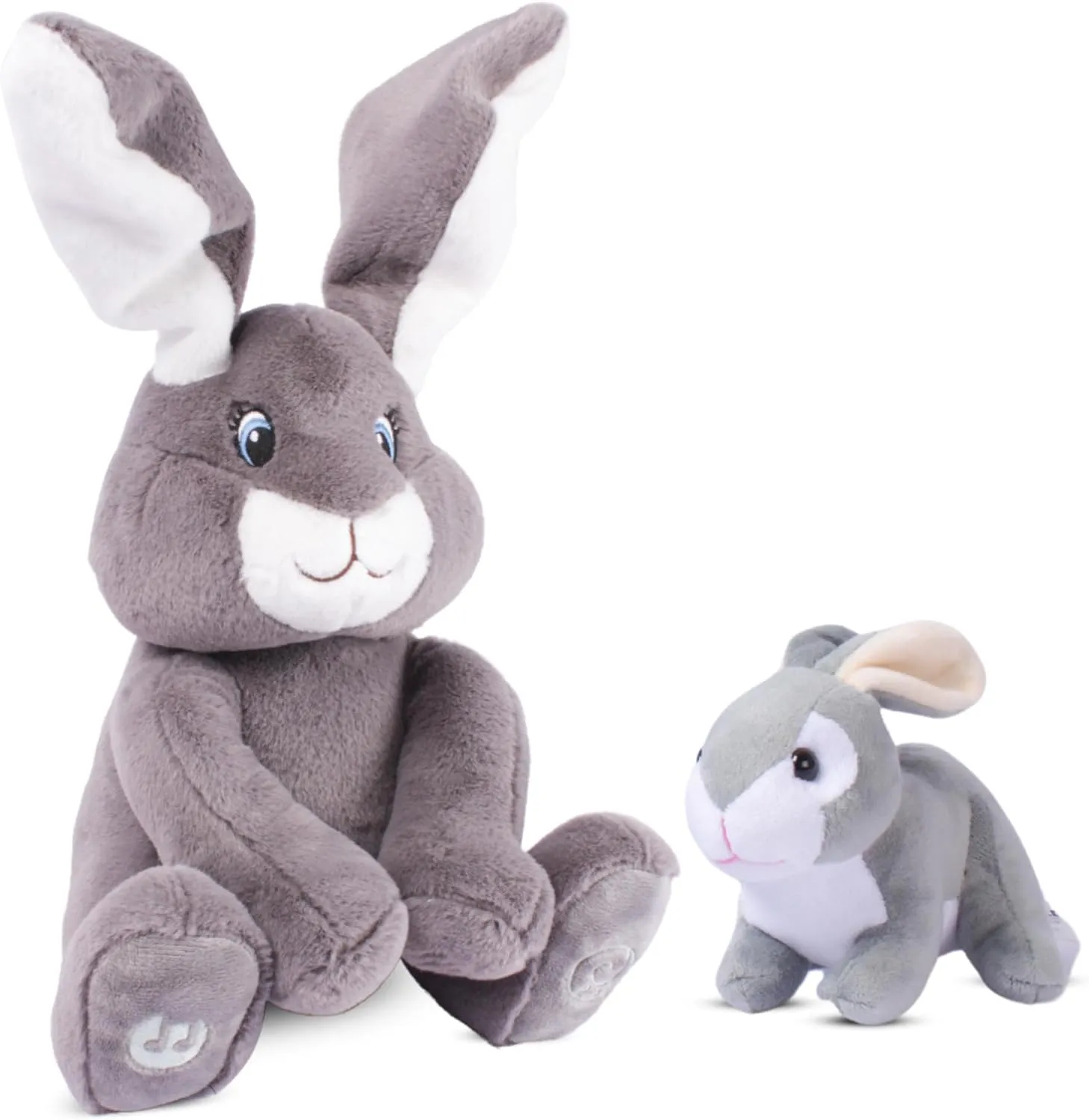 Dimple Bunny Set - Milo Stuffed Bunny Toy, Animated Interactive Rabbit with Peek-a-Boo Feature with Singing Songs and Grey Plush Baby Rabbit, Perfect Baby Plush Toy Gift for Ages 0 an Up