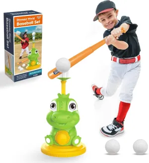 Dinosaur T Ball Sets for Kids 3 4 5 Year Old, Fun Tee Ball Set for Toddlers, Baseball Outdoor Toy, Auto Ball Launcher, Tball Games for Boys & Girls Gift, Green