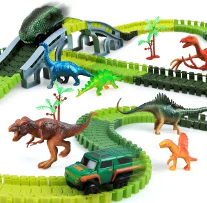 Dinosaur Toys, kizplays 251PCS Dinosaur Race Track Toys, Create A Race Car Track Dino World with Flexible Train Tracks, 6 Dinosaur Figures, 2 Cars & 1 Map, Toys for 3 4 5 6 Year Old Boys Girls Gifts