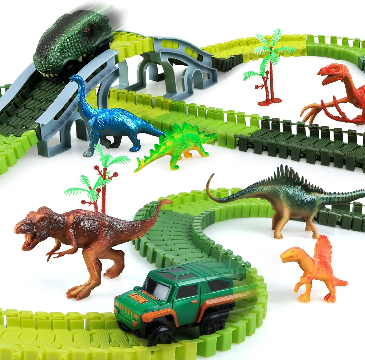 Dinosaur Toys, kizplays 251PCS Dinosaur Race Track Toys, Create A Race Car Track Dino World with Flexible Train Tracks, 6 Dinosaur Figures, 2 Cars & 1 Map, Toys for 3 4 5 6 Year Old Boys Girls Gifts