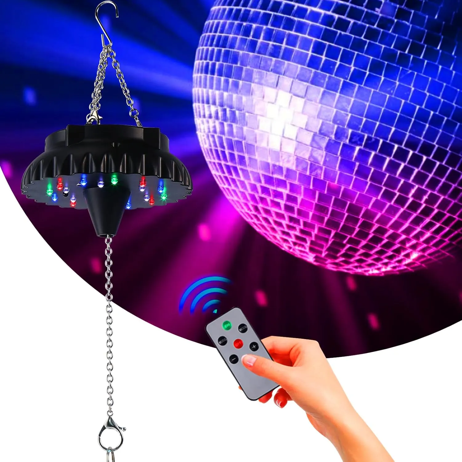 Disco Ball Motor Light with Remote: Rechargeable Battery Operated Rotating Hanging Mirror Ball Spinner with Adjustable Speed - 18RGBW LED Light Up 4 6 8 10 inch Party Disco Balls Rotator