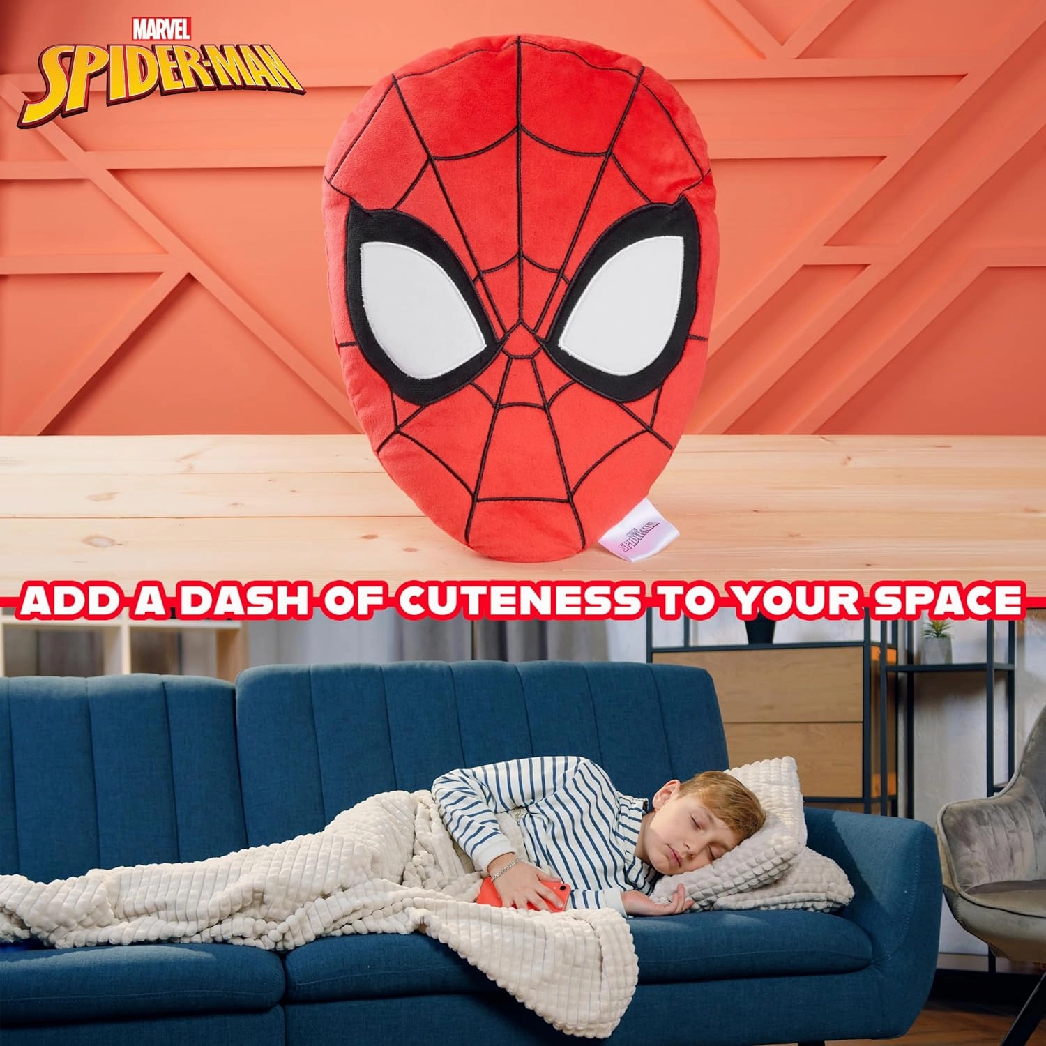 Disney 3D Plush Pillow Cushions for Bed Kids Throw Pillows Bedroom Accessories Travel Nursery Soft Feel Decorative Cushion Stitch Gifts for Kids (Red Spiderman, L13.38 x W9.84)