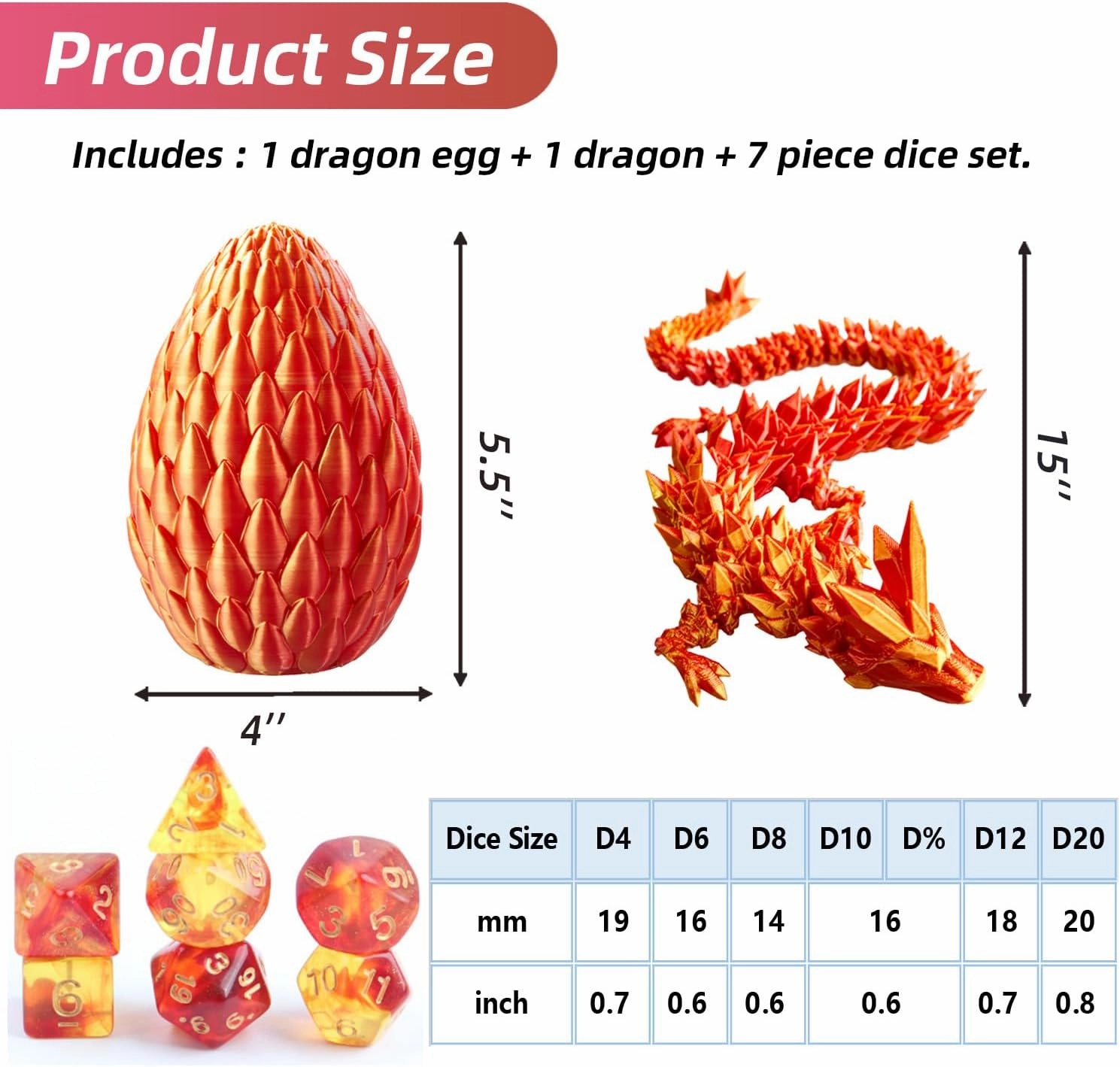 DND Dice Set (7 Pieces) and 3D Printed Dragon Egg,Fidget Toys,Surprise Dragon Egg and Polyhedral Dice Set with Gift Box,Playing Game with Dragon Eggs for RPG DND MTG