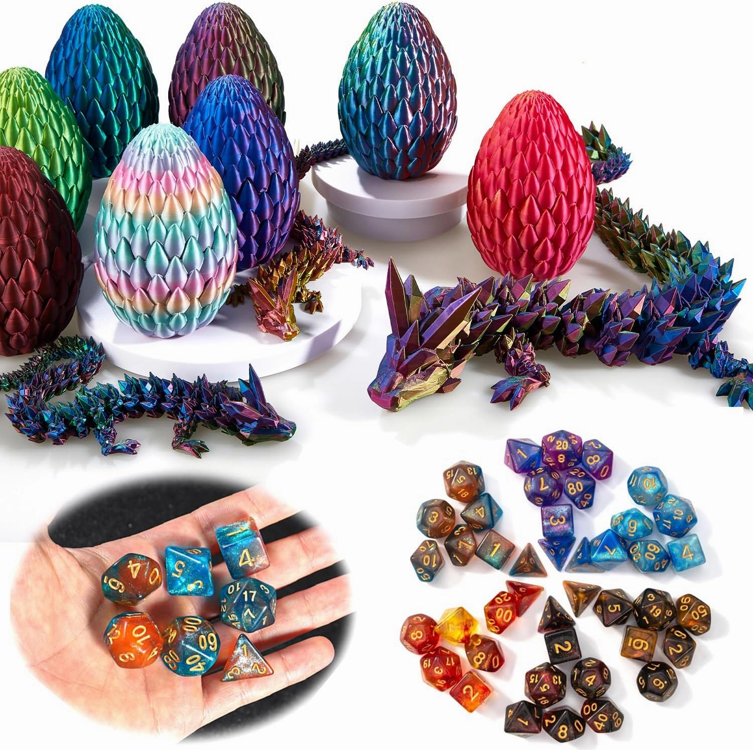 DND Dice Set (7 Pieces) and 3D Printed Dragon Egg,Fidget Toys,Surprise Dragon Egg and Polyhedral Dice Set with Gift Box,Playing Game with Dragon Eggs for RPG DND MTG