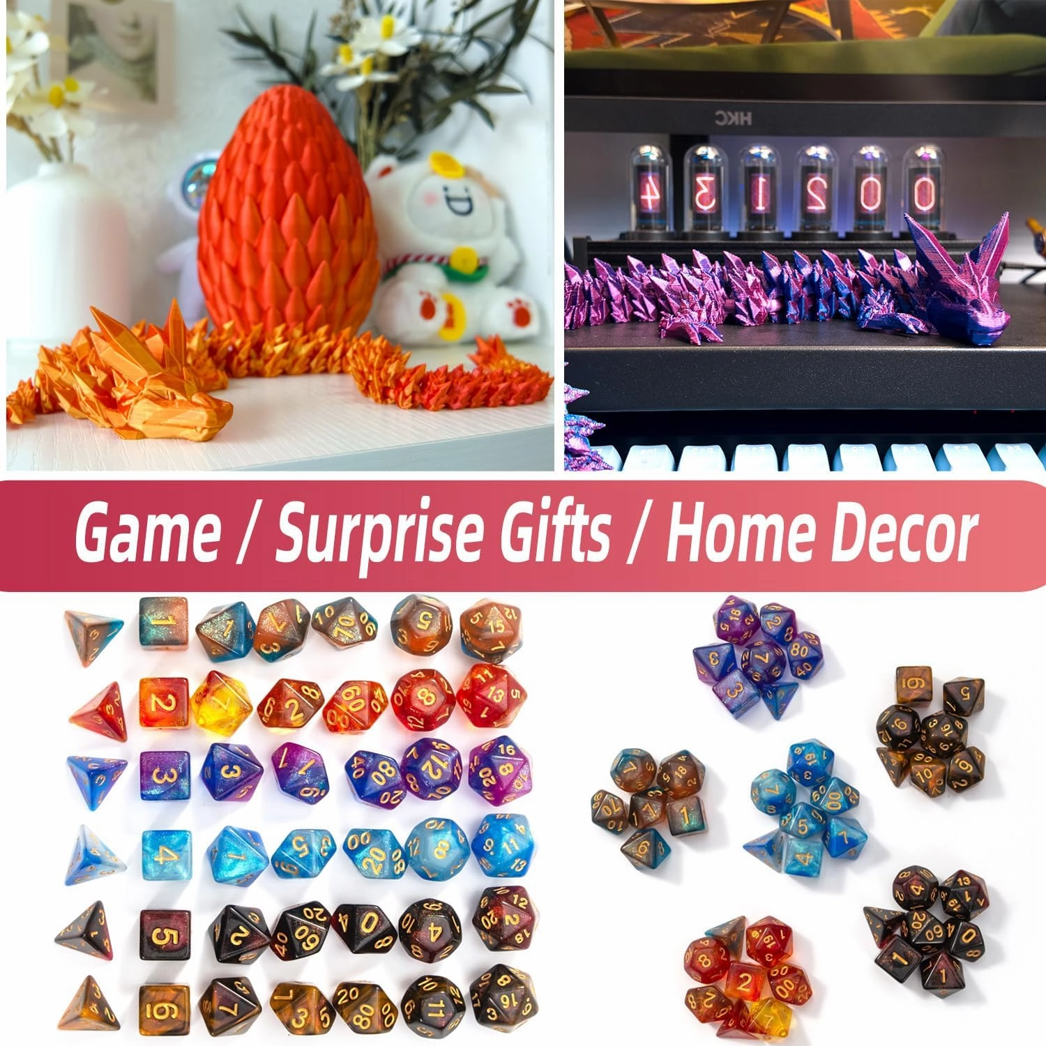 DND Dice Set (7 Pieces) and 3D Printed Dragon Egg,Fidget Toys,Surprise Dragon Egg and Polyhedral Dice Set with Gift Box,Playing Game with Dragon Eggs for RPG DND MTG