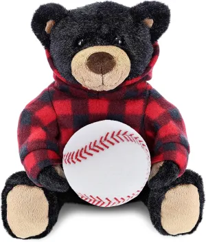 DolliBu Black Bear with Baseball Plush with Red Plaid Hoodie – Soft Huggable Bear, Playtime Teddy Bear Plush Toy, Baseball Plush Stuffed Animal Toy for Kids and Adults - 10 Inch