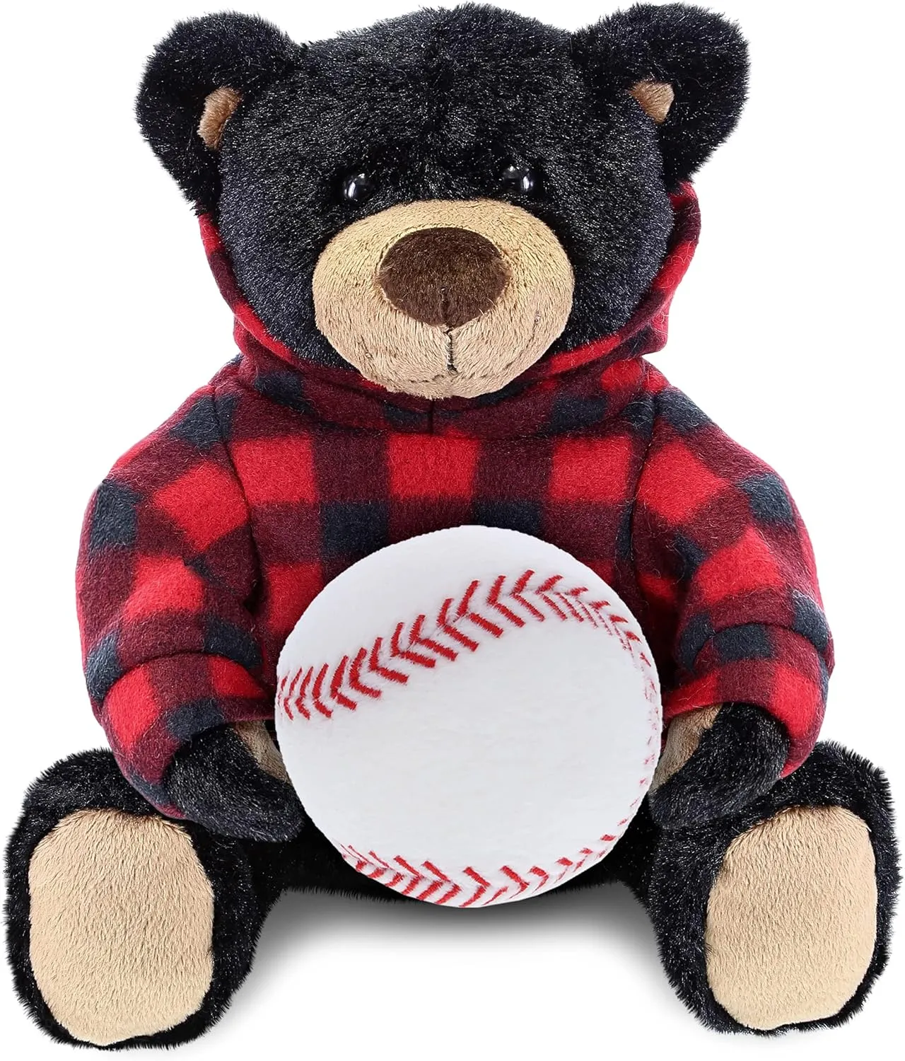DolliBu Black Bear with Baseball Plush with Red Plaid Hoodie – Soft Huggable Bear, Playtime Teddy Bear Plush Toy, Baseball Plush Stuffed Animal Toy for Kids and Adults - 10 Inch