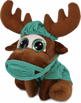 DolliBu Small Moose – Sparkle Eyes Plush Toy - Super Soft Moose Doctor Stuffed Animal Dress Up with Cute Scrub Uniform and Cap Outfit with Personalization - 6 Inches