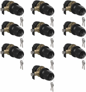 Door Knob with Lock and Key, Keyed Entry Door Knob with Lock, Round Ball Locking Door Knob, Interior and Exterior Door Lock Set for Bedrooms, Bathrooms and Home Use, Matte Black, 10 Pack