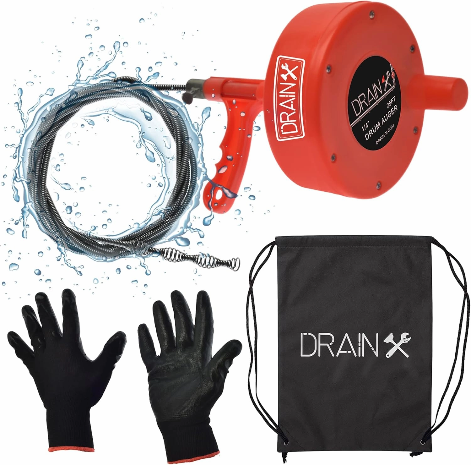 DrainX Plumbing Snake Drain Auger | 25-Ft Drain Cleaning Cable Plumbers Auger with Work Gloves and Storage Bag Included!