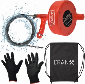 DrainX Plumbing Snake Drain Auger | 25-Ft Drain Cleaning Cable Plumbers Auger with Work Gloves and Storage Bag Included!