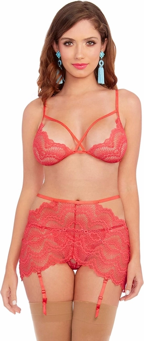 Dreamgirl womens Three Piece Stretch Lace Bralette and Garter Skirt SetLingerie Set