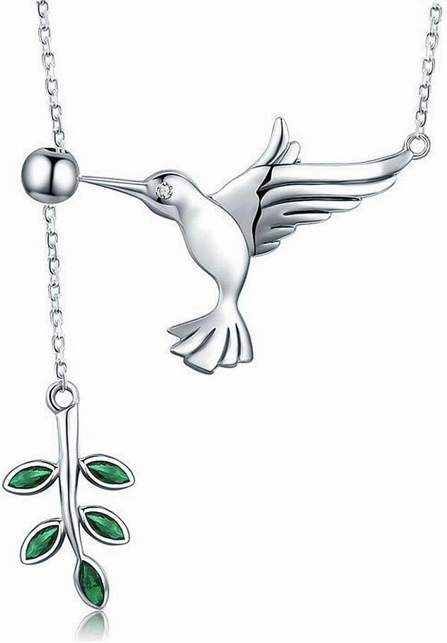 Dtja Crystal Olive Leaf Hummingbird Necklace for Women 925 Sterling Silver Green Rhinestone Ball Bead Oxidized Bird Pendant Necklace Adjustable Chain Fashion Retro Jewelry for Mother Aunt Ladies