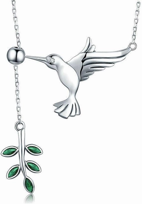 Dtja Crystal Olive Leaf Hummingbird Necklace for Women 925 Sterling Silver Green Rhinestone Ball Bead Oxidized Bird Pendant Necklace Adjustable Chain Fashion Retro Jewelry for Mother Aunt Ladies