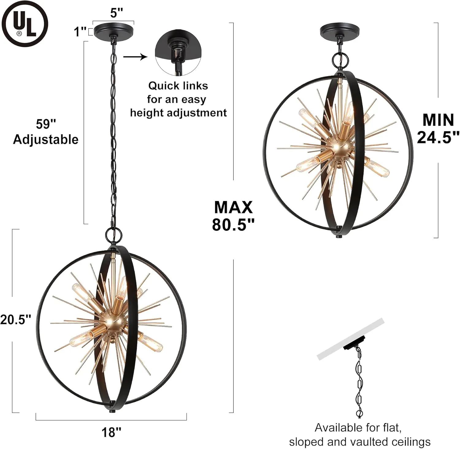 Durent Lighting Black and Gold Chandelier, 6-Light Mid Century Modern Chandelier, 18” Globe Sputnik Starburst Pendant Lighting Fixture for Foyer, Entryway, Dining Living Room, Bedroom, Kitchen Island