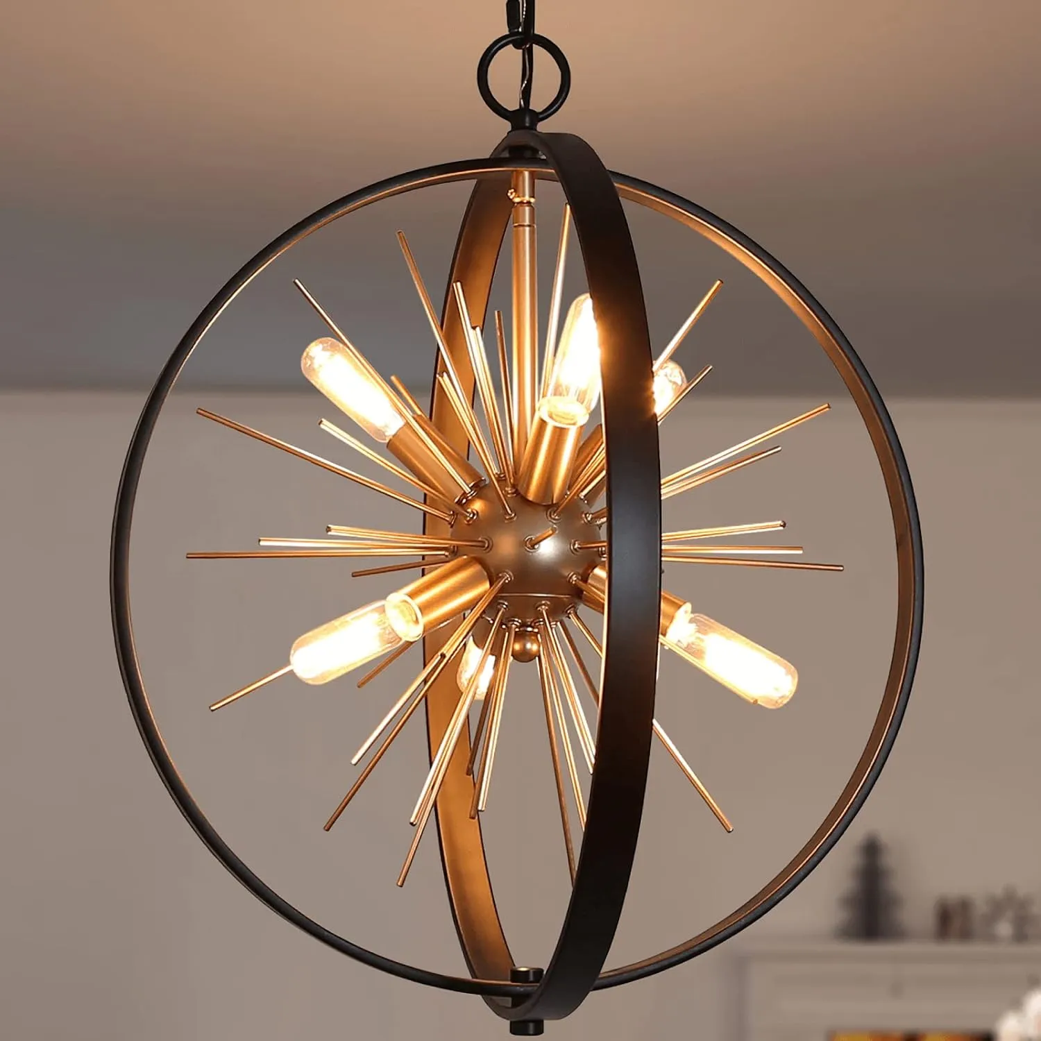 Durent Lighting Black and Gold Chandelier, 6-Light Mid Century Modern Chandelier, 18” Globe Sputnik Starburst Pendant Lighting Fixture for Foyer, Entryway, Dining Living Room, Bedroom, Kitchen Island