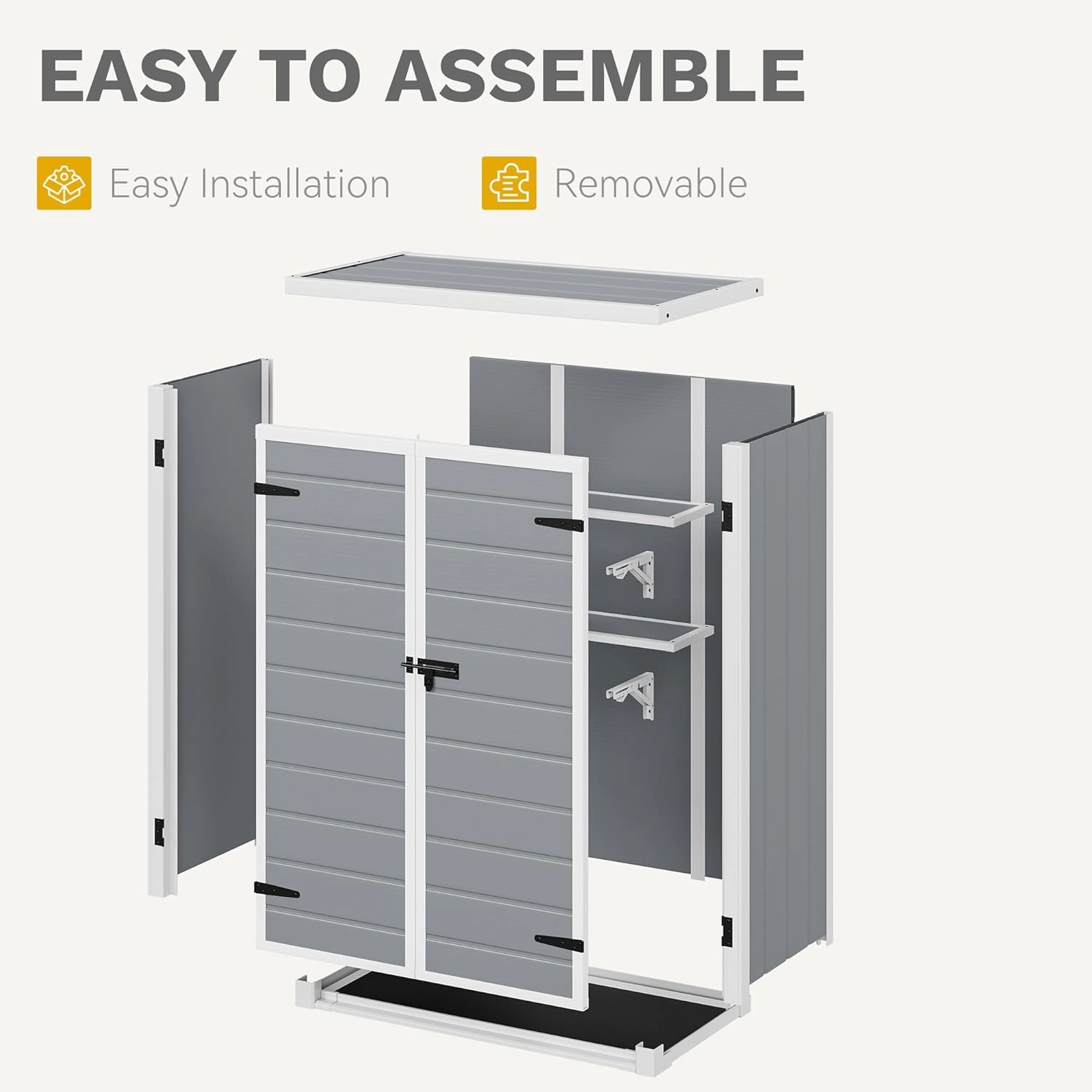 DWVO 49 Cuft Outdoor Tall Storage Shed with 2 Shelves, Weatherproof Vertical Tool Shed with Floor & Lockable Doors, Sturdy Double-Wall Plastic Cabinet for Garbage Cans and Garden Equipment (Gray)