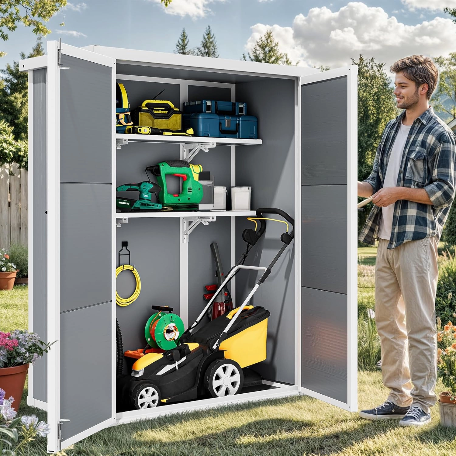 DWVO 49 Cuft Outdoor Tall Storage Shed with 2 Shelves, Weatherproof Vertical Tool Shed with Floor & Lockable Doors, Sturdy Double-Wall Plastic Cabinet for Garbage Cans and Garden Equipment (Gray)