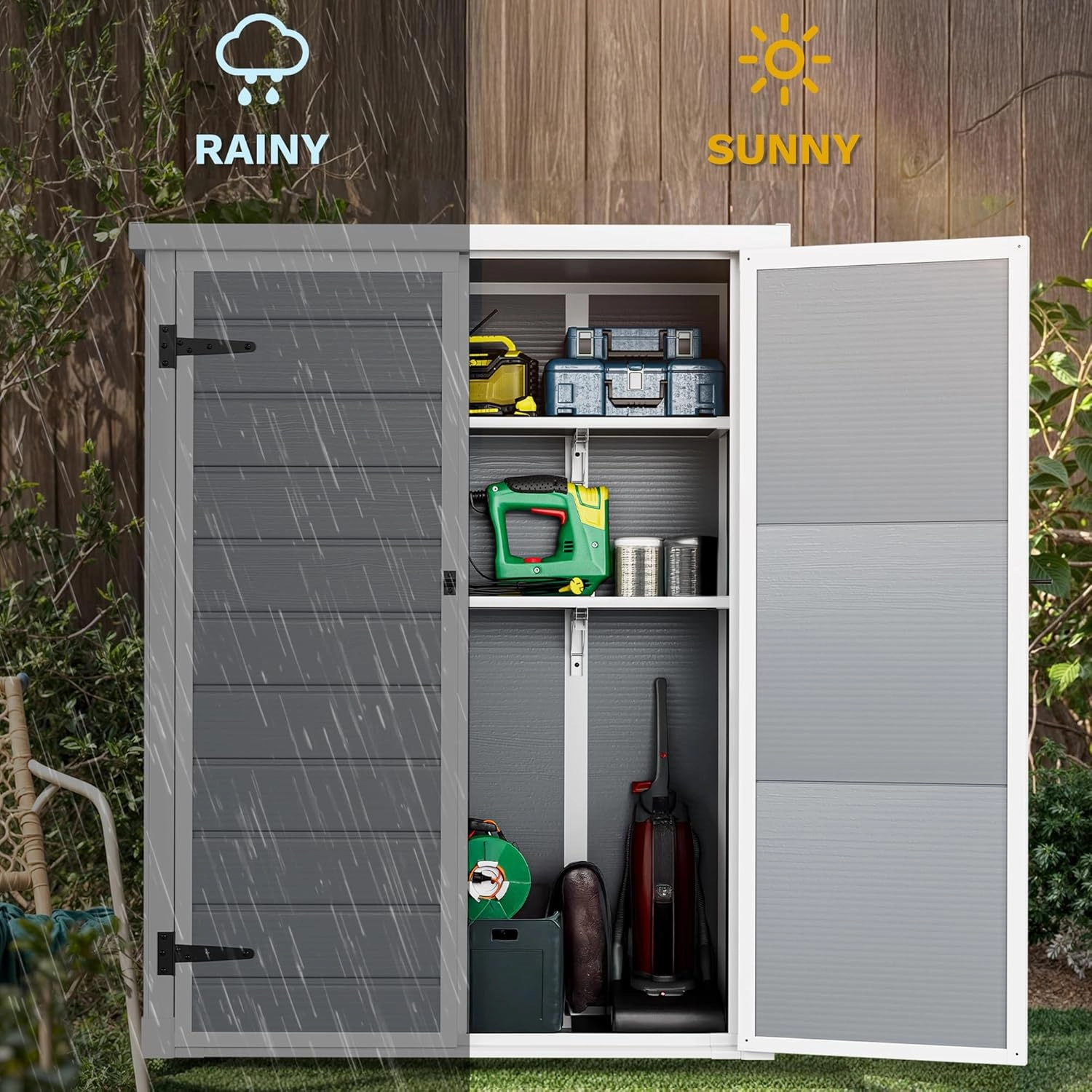 DWVO 49 Cuft Outdoor Tall Storage Shed with 2 Shelves, Weatherproof Vertical Tool Shed with Floor & Lockable Doors, Sturdy Double-Wall Plastic Cabinet for Garbage Cans and Garden Equipment (Gray)
