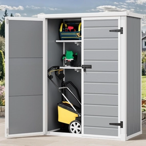 DWVO 49 Cuft Outdoor Tall Storage Shed with 2 Shelves, Weatherproof Vertical Tool Shed with Floor & Lockable Doors, Sturdy Double-Wall Plastic Cabinet for Garbage Cans and Garden Equipment (Gray)