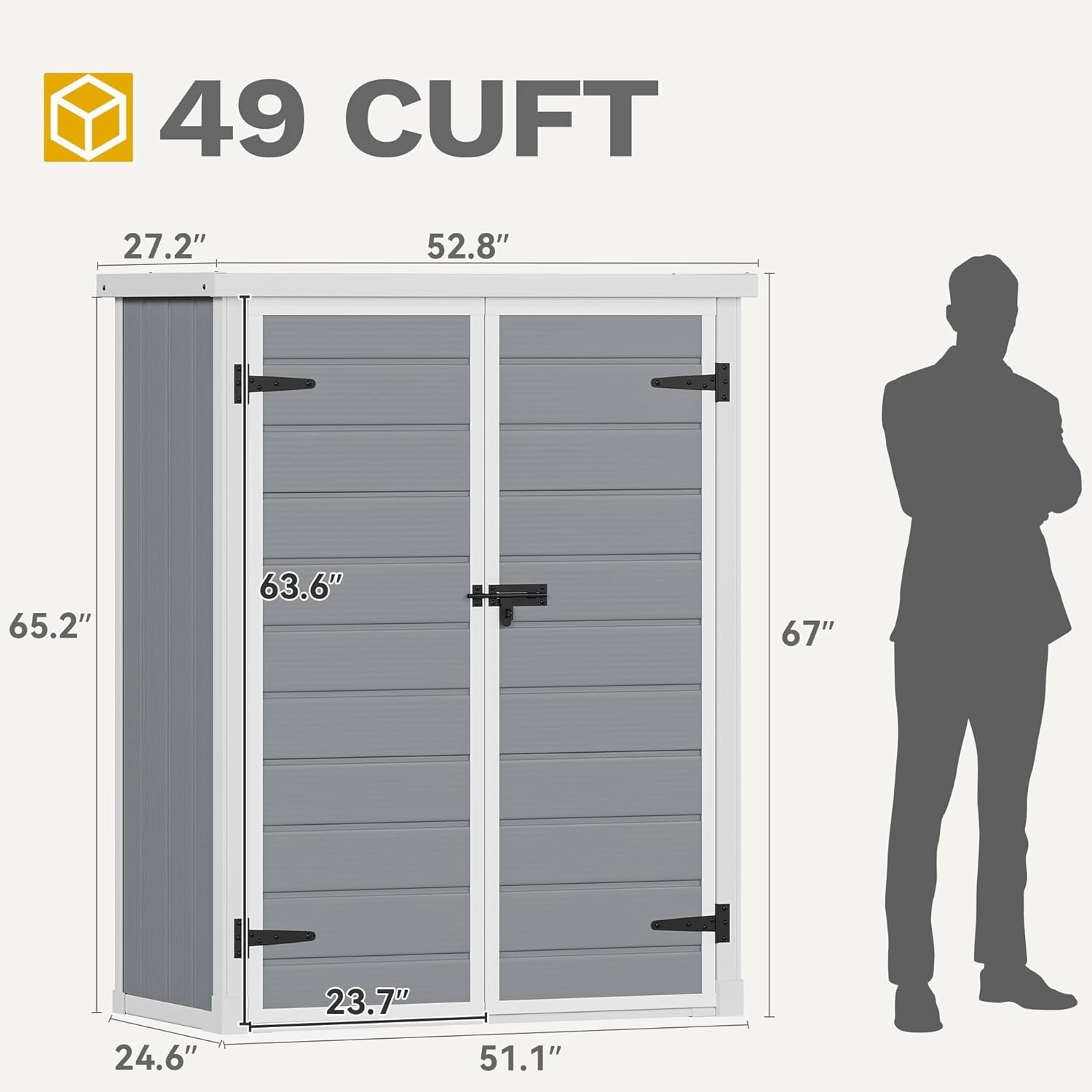 DWVO 49 Cuft Outdoor Tall Storage Shed with 2 Shelves, Weatherproof Vertical Tool Shed with Floor & Lockable Doors, Sturdy Double-Wall Plastic Cabinet for Garbage Cans and Garden Equipment (Gray)