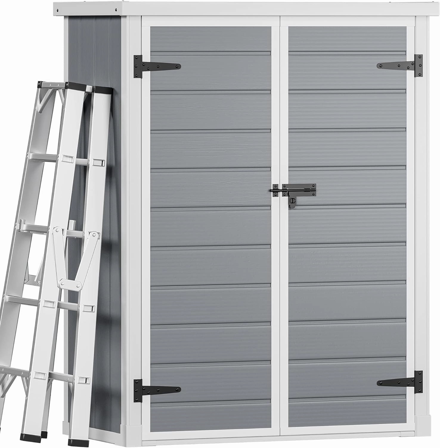 DWVO 49 Cuft Outdoor Tall Storage Shed with 2 Shelves, Weatherproof Vertical Tool Shed with Floor & Lockable Doors, Sturdy Double-Wall Plastic Cabinet for Garbage Cans and Garden Equipment (Gray)