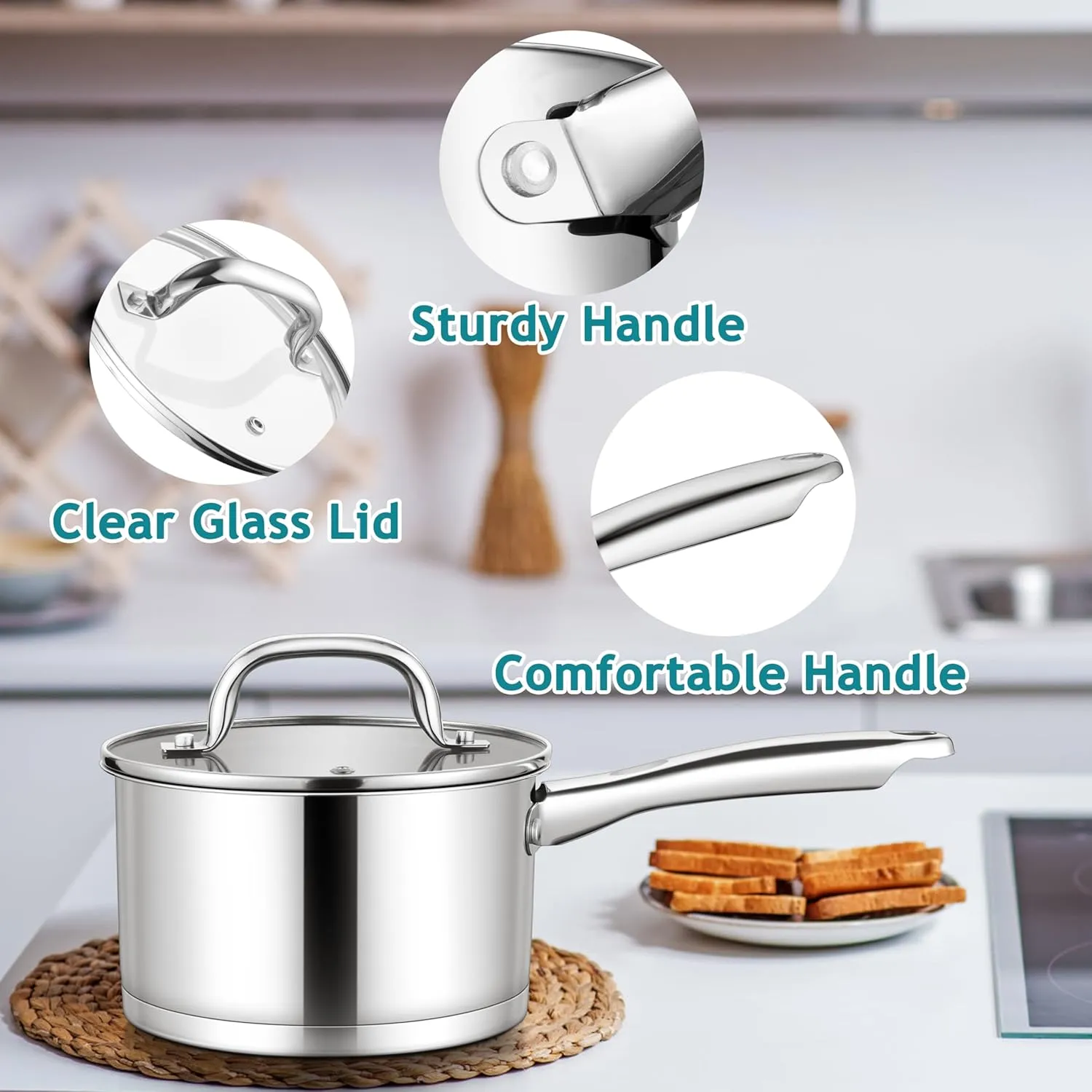 E-far Stainless Steel Saucepan with Lid Set - 2QT & 3QT, Triply Sauce Pan Induction Pot for Cooking, Boiling, Compatible with All Stoves, Visible Lid, Healthy & Non Toxic, Oven & Dishwasher Safe