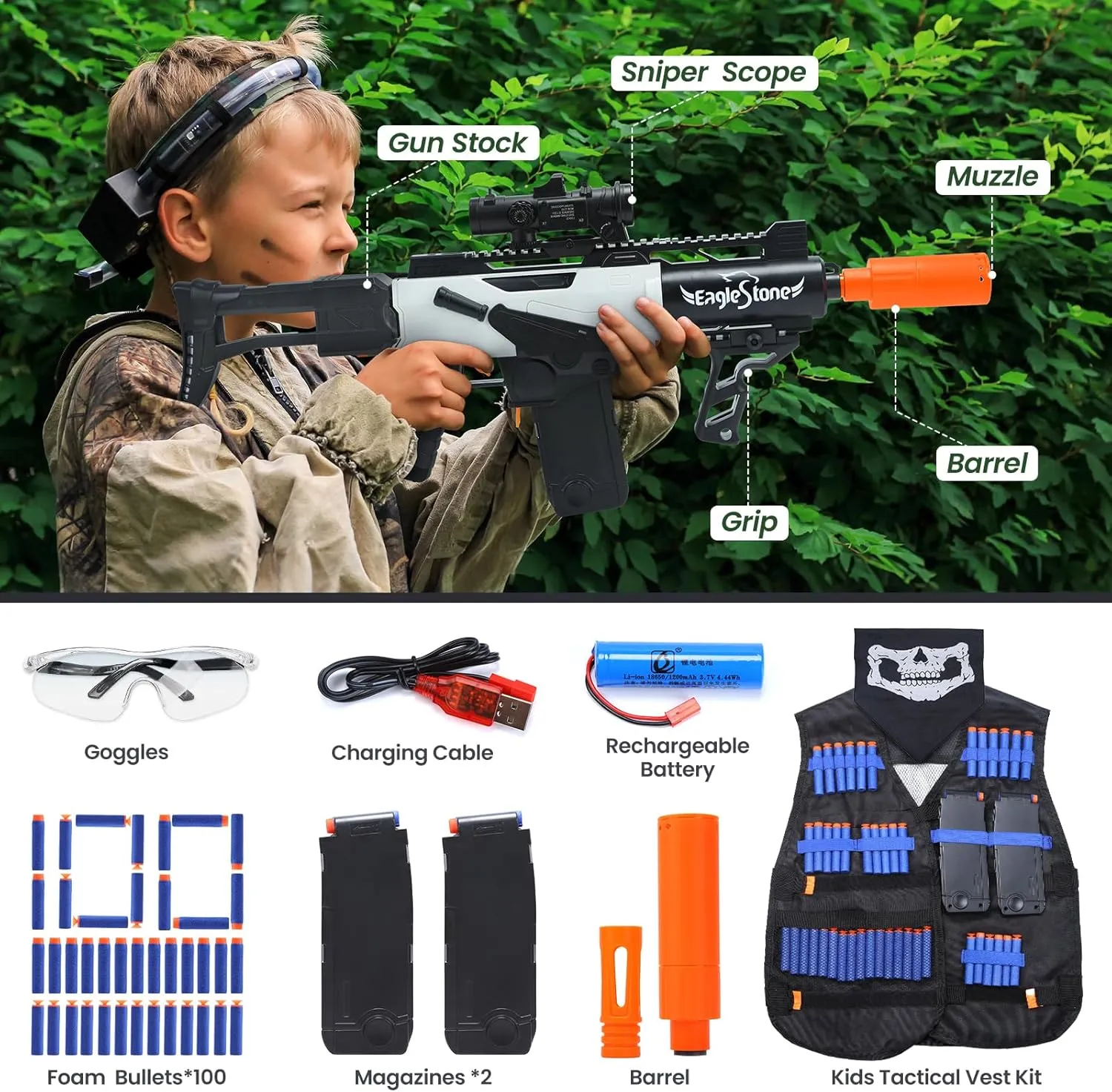 EagleStoneToy Gun for Boys,Realistic Automatic Sniper Rifle,Foam Blasters with Luminous Muzzle,Tactical Vest, Bipod, 2 Clips,100 Darts, Electric Toys for Kids 8-12 Adults Gifts for Birthday Xmas