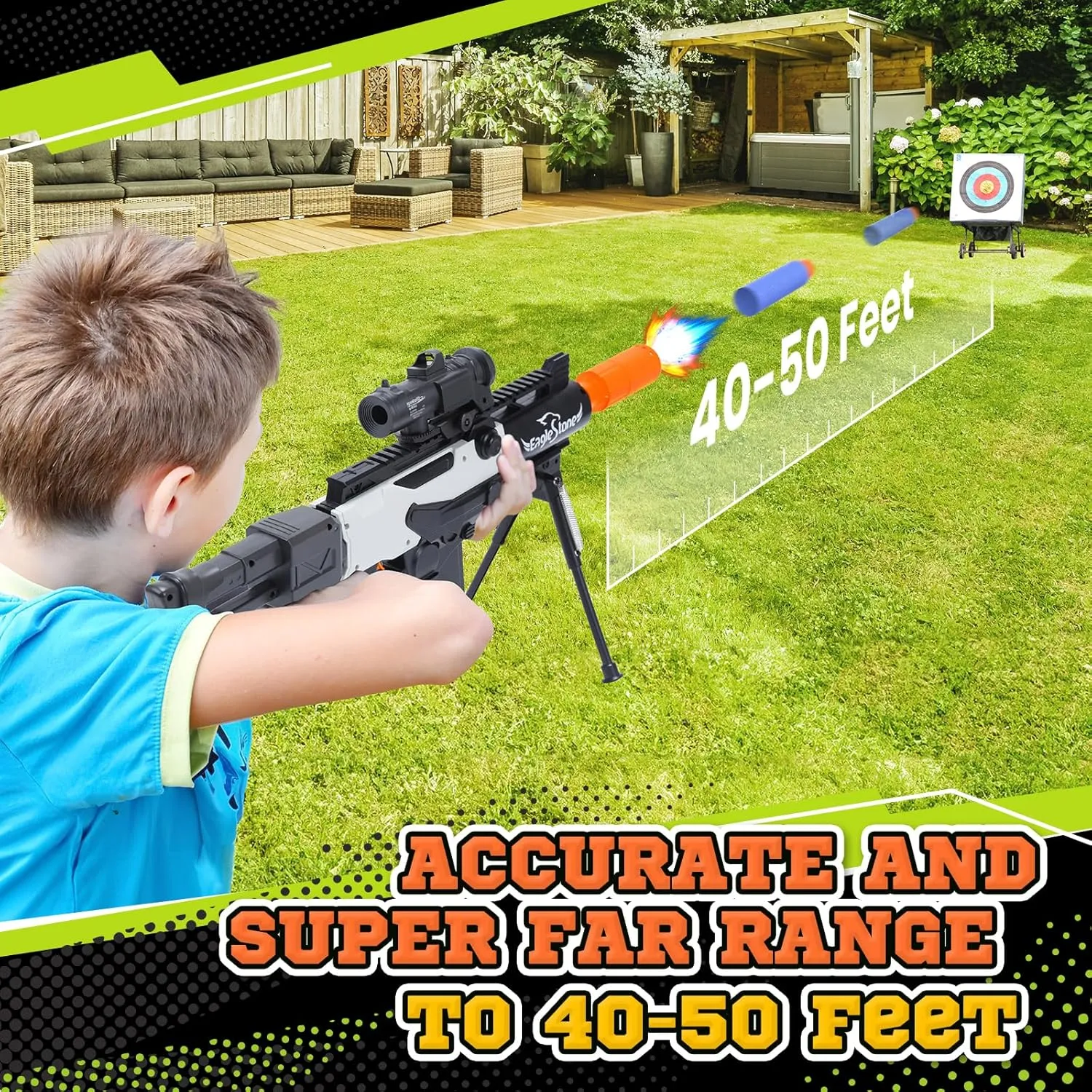 EagleStoneToy Gun for Boys,Realistic Automatic Sniper Rifle,Foam Blasters with Luminous Muzzle,Tactical Vest, Bipod, 2 Clips,100 Darts, Electric Toys for Kids 8-12 Adults Gifts for Birthday Xmas