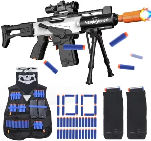 EagleStoneToy Gun for Boys,Realistic Automatic Sniper Rifle,Foam Blasters with Luminous Muzzle,Tactical Vest, Bipod, 2 Clips,100 Darts, Electric Toys for Kids 8-12 Adults Gifts for Birthday Xmas