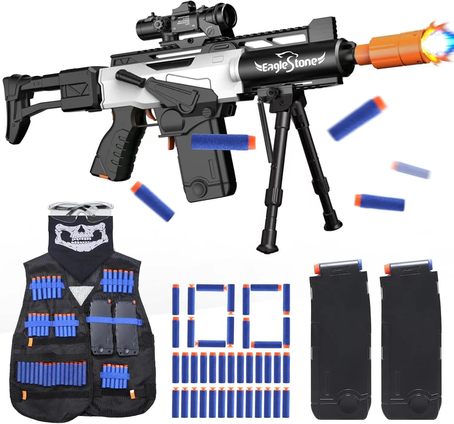 EagleStoneToy Gun for Boys,Realistic Automatic Sniper Rifle,Foam Blasters with Luminous Muzzle,Tactical Vest, Bipod, 2 Clips,100 Darts, Electric Toys for Kids 8-12 Adults Gifts for Birthday Xmas