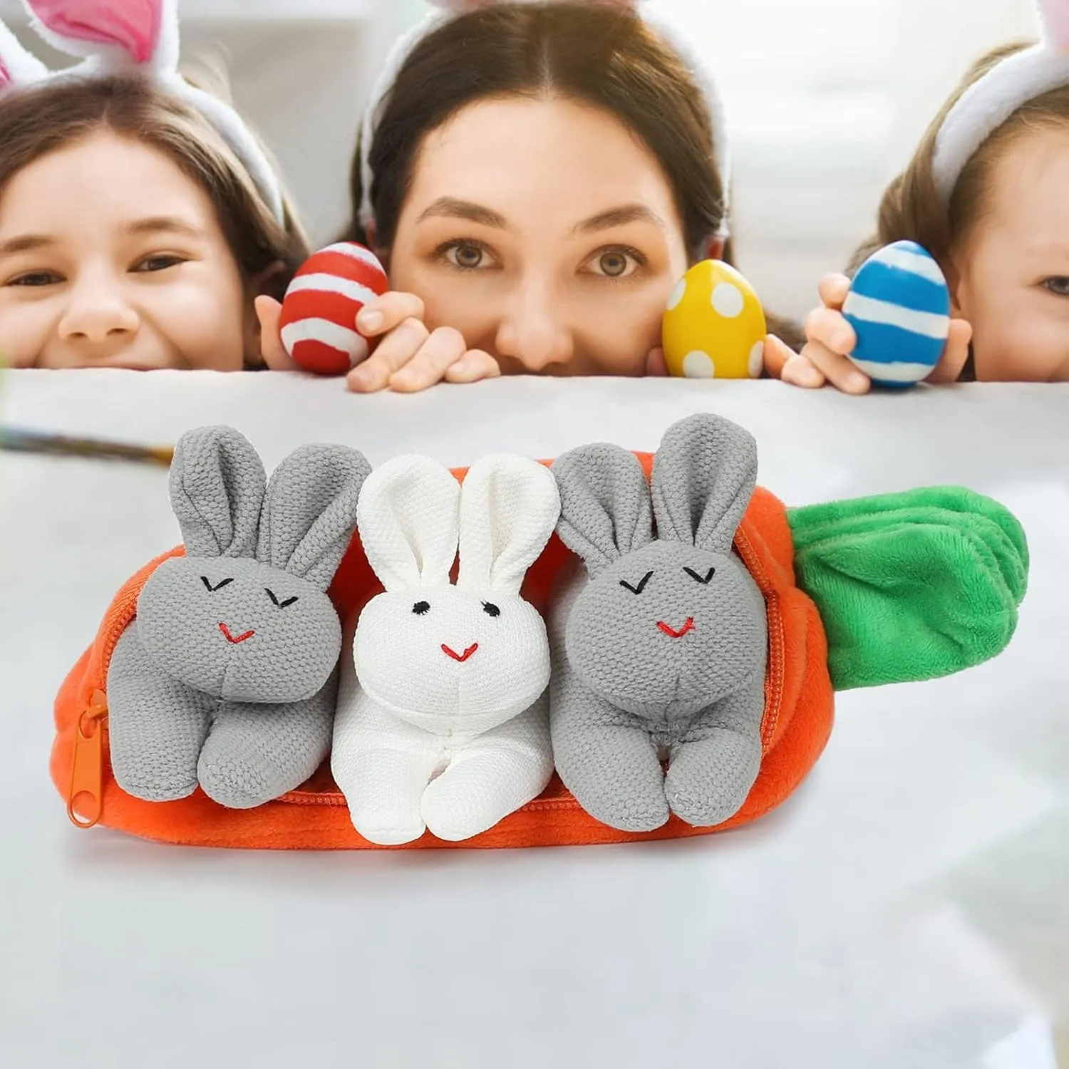 Easter Bunny Stuffed Animal Hide-and-Seek Three Bunnies in Carrot Pouch Easter Bunny Plush Hidden Bunny Rabbit Doll Zip Up Carrot Bunny Purse Easter Toy for Kids
