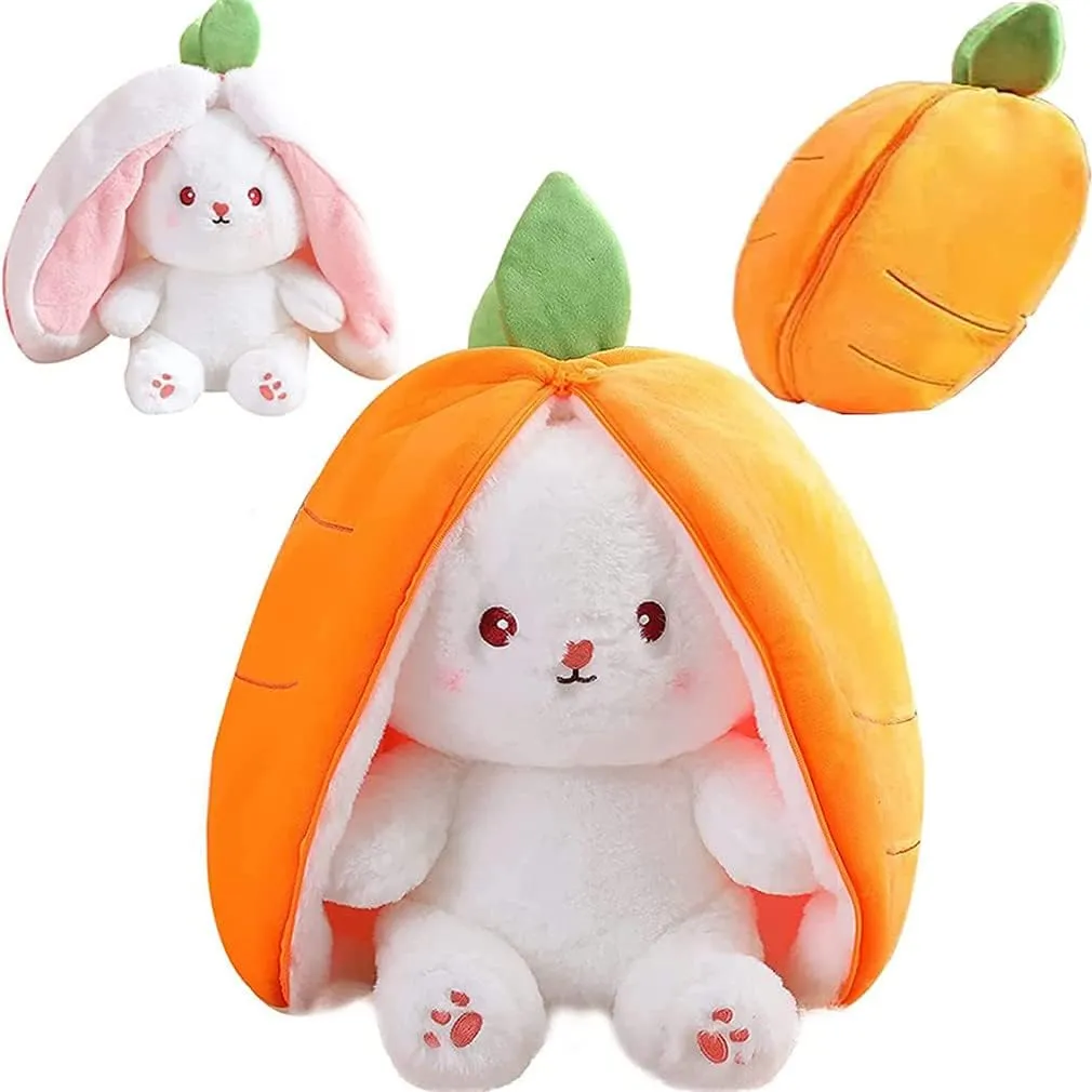 Easter Strawberry Bunny Stuffed Animal Reversible Cute Rabbit Carrot Strawberry Plush Pillow with Zipper, Kawaii Soft Squishy Rabbit Plushie for Boys Girls (15inch, Carrot)