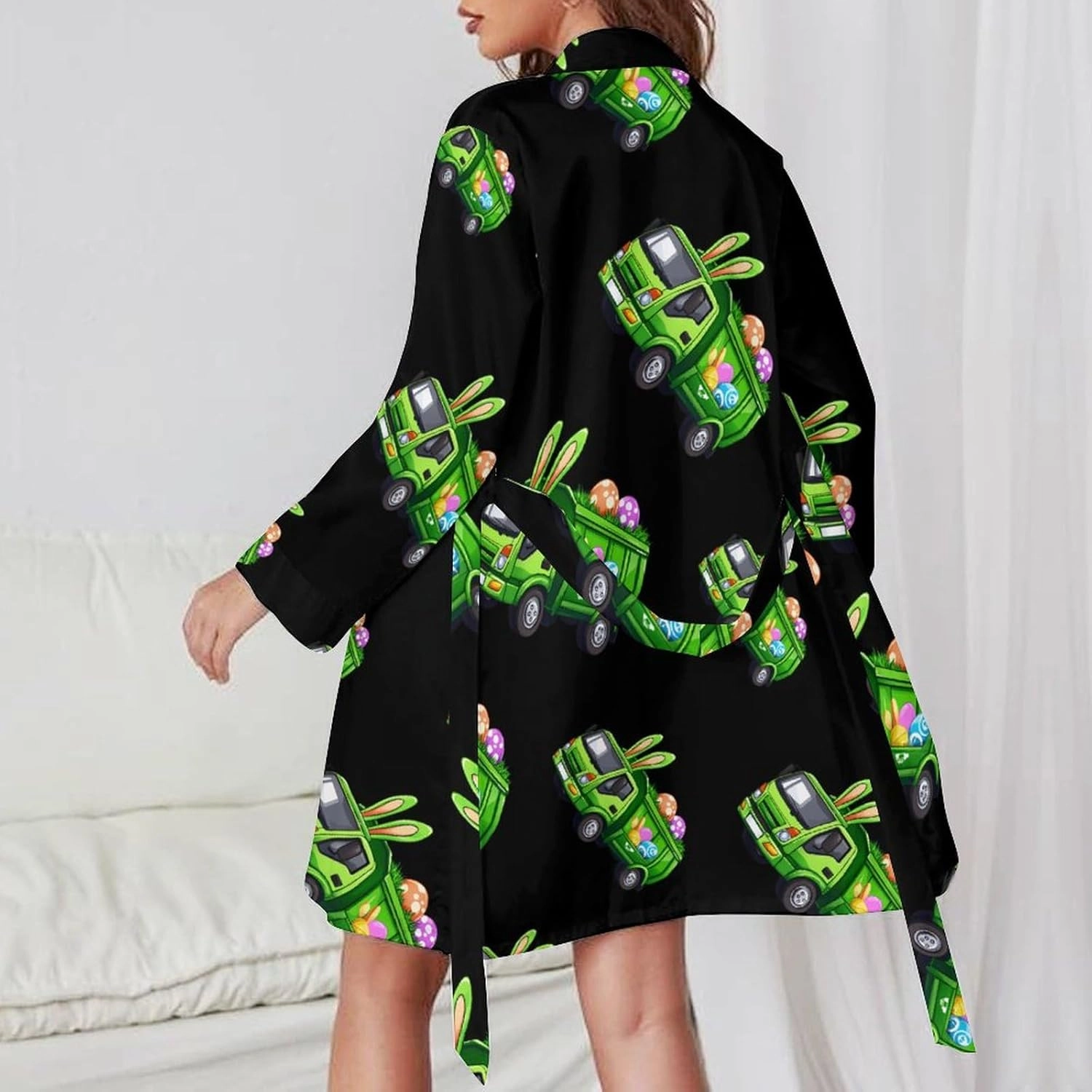 Easter Bunny Garbage Truck Womens Robes Casual Bathrobe Knee Length Sleepwear with Waist Belt