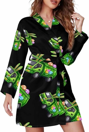 Easter Bunny Garbage Truck Womens Robes Casual Bathrobe Knee Length Sleepwear with Waist Belt