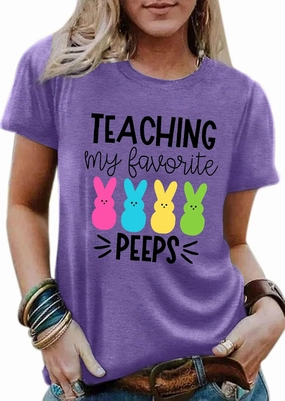Easter Teacher T-Shirt for Women Teaching My Favorite Peeps Shirt Funny Bunny Rabbit Graphic Tee Tops