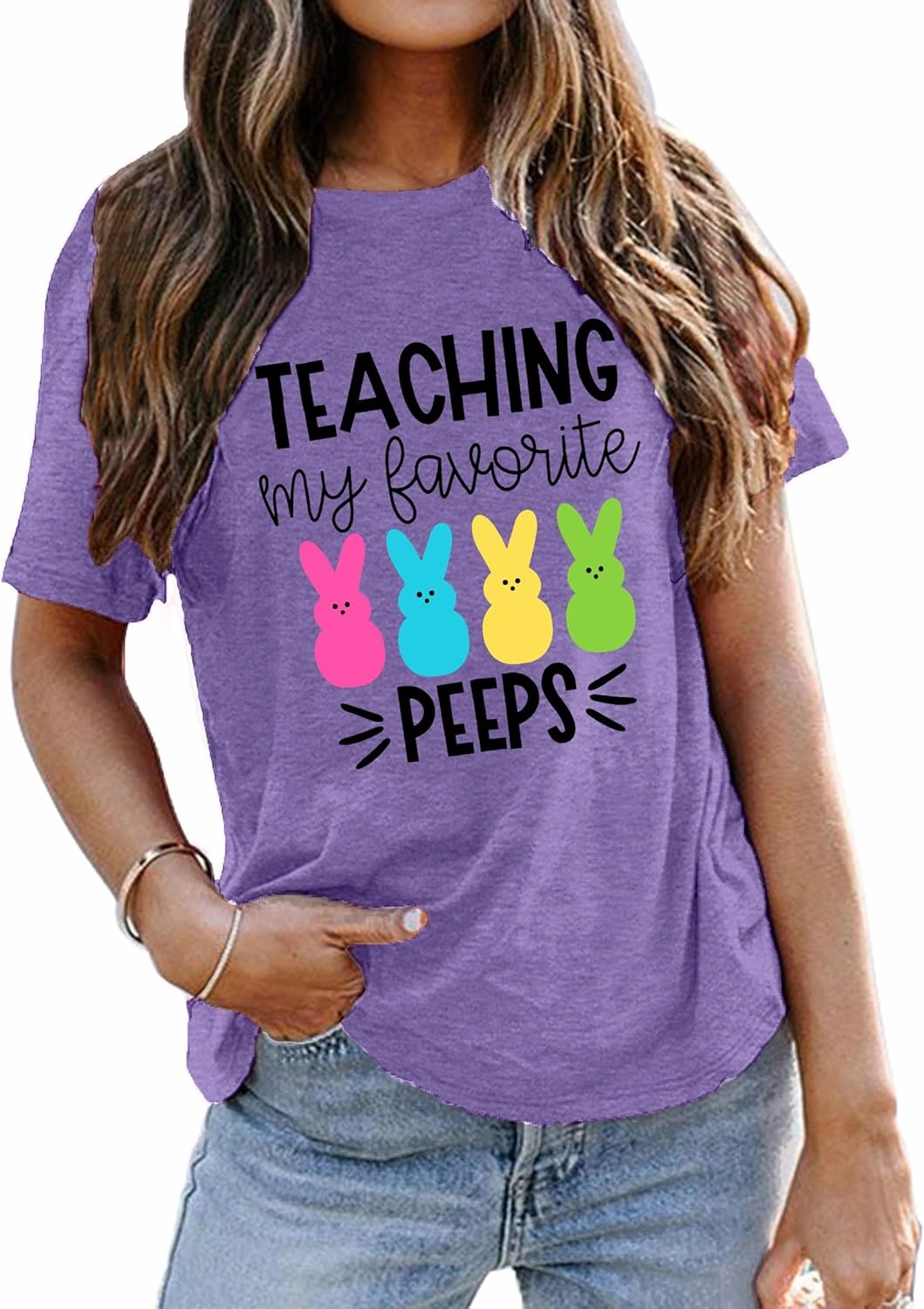 Easter Teacher T-Shirt for Women Teaching My Favorite Peeps Shirt Funny Bunny Rabbit Graphic Tee Tops