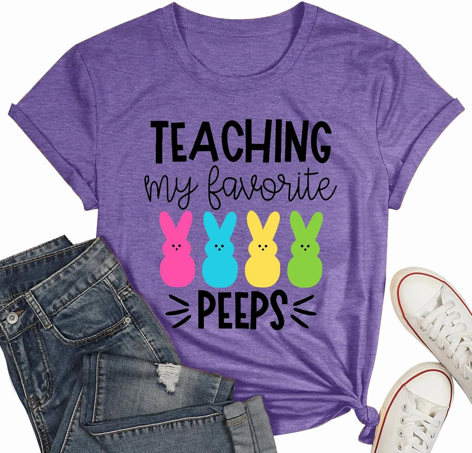 Easter Teacher T-Shirt for Women Teaching My Favorite Peeps Shirt Funny Bunny Rabbit Graphic Tee Tops